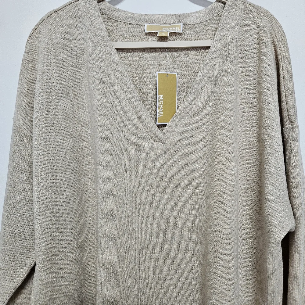 Michael Kors NWT Womens V-Neck ‎ Sweater Jumper Cotton MSRP $110 Cozy Beige 1X